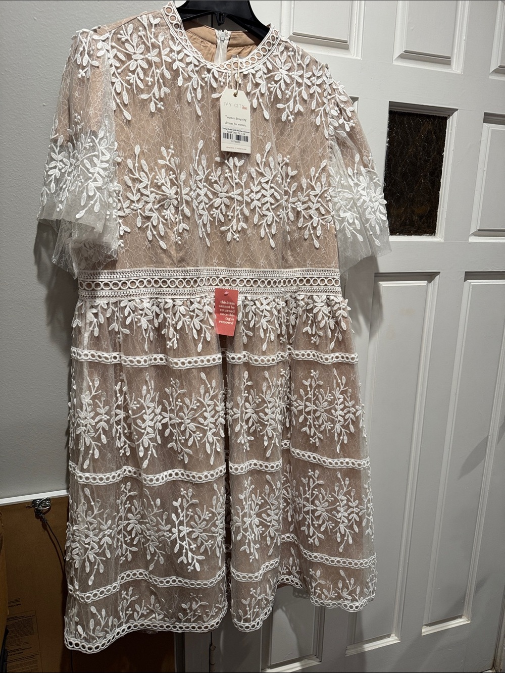 Ivy City Co Beige Dress with White Floral Lace Overlay